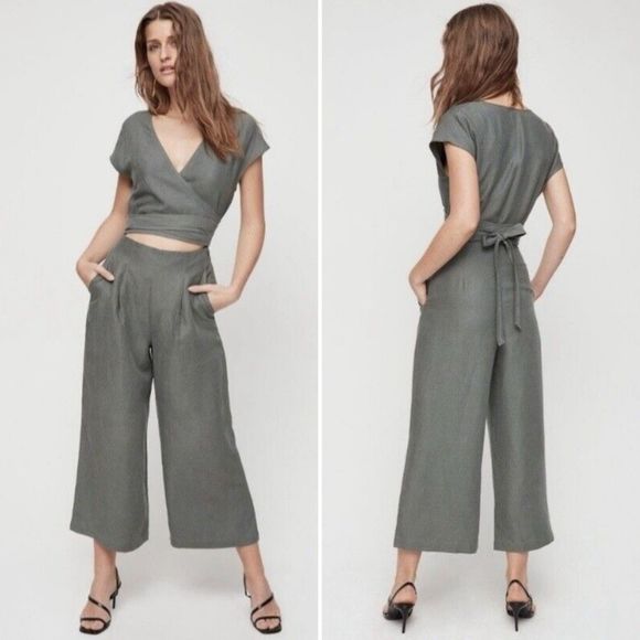 Aritzia Wilfred Brax Jumpsuit 00 Sagesse Linen Blend Wrap Top Sage Green Cutout - Picture 1 of 12